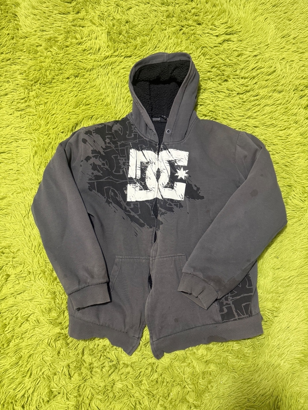 Vintage Y2K DC Skater Grunge Sherpa Lined Hoodie Size XL Gray